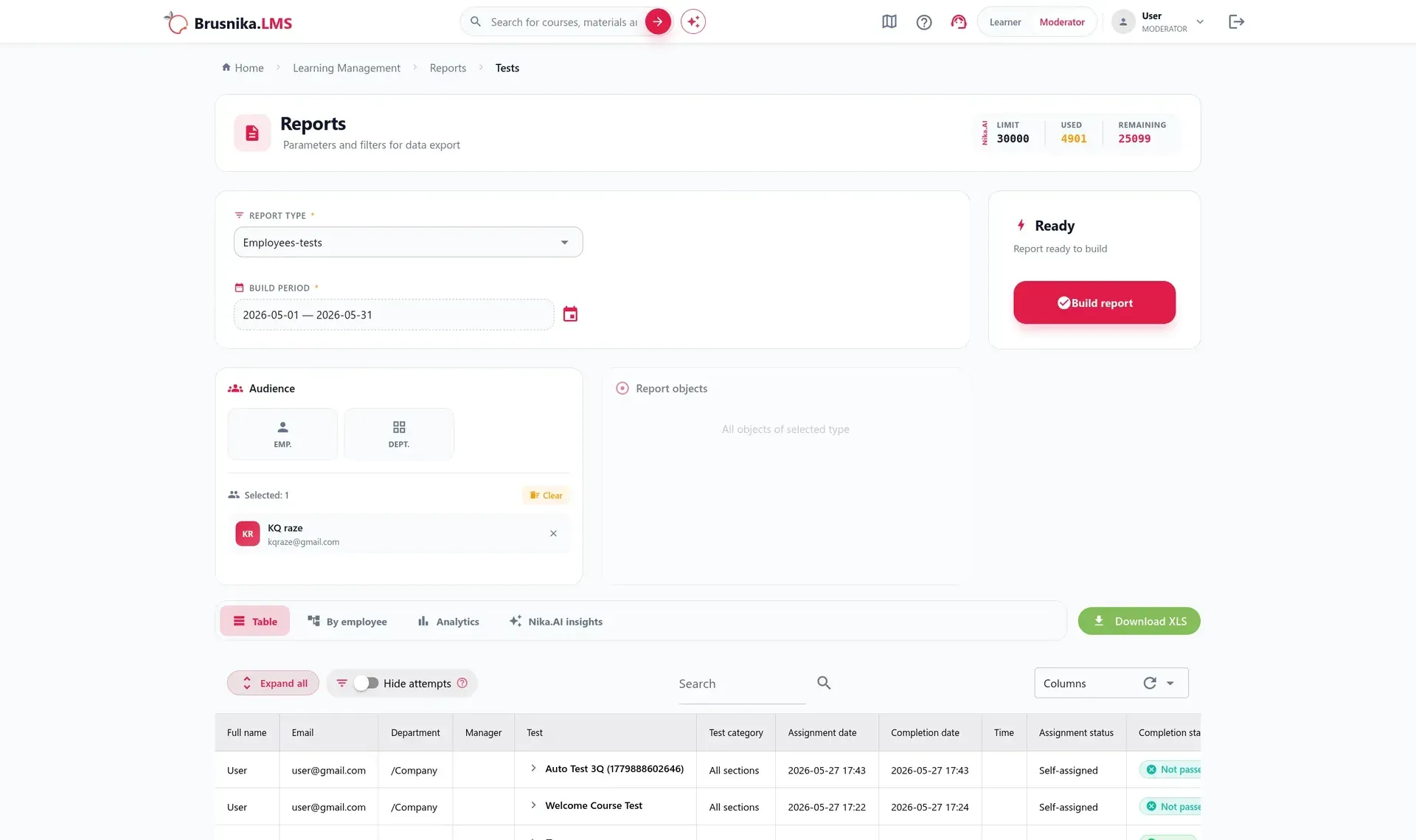 Interface da Brusnika LMS com relatórios, progresso e analytics de aprendizagem
