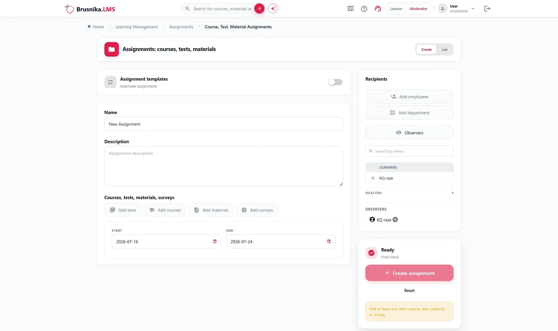 Interface da Brusnika LMS para desenvolvimento de competências e planos individuais de crescimento
