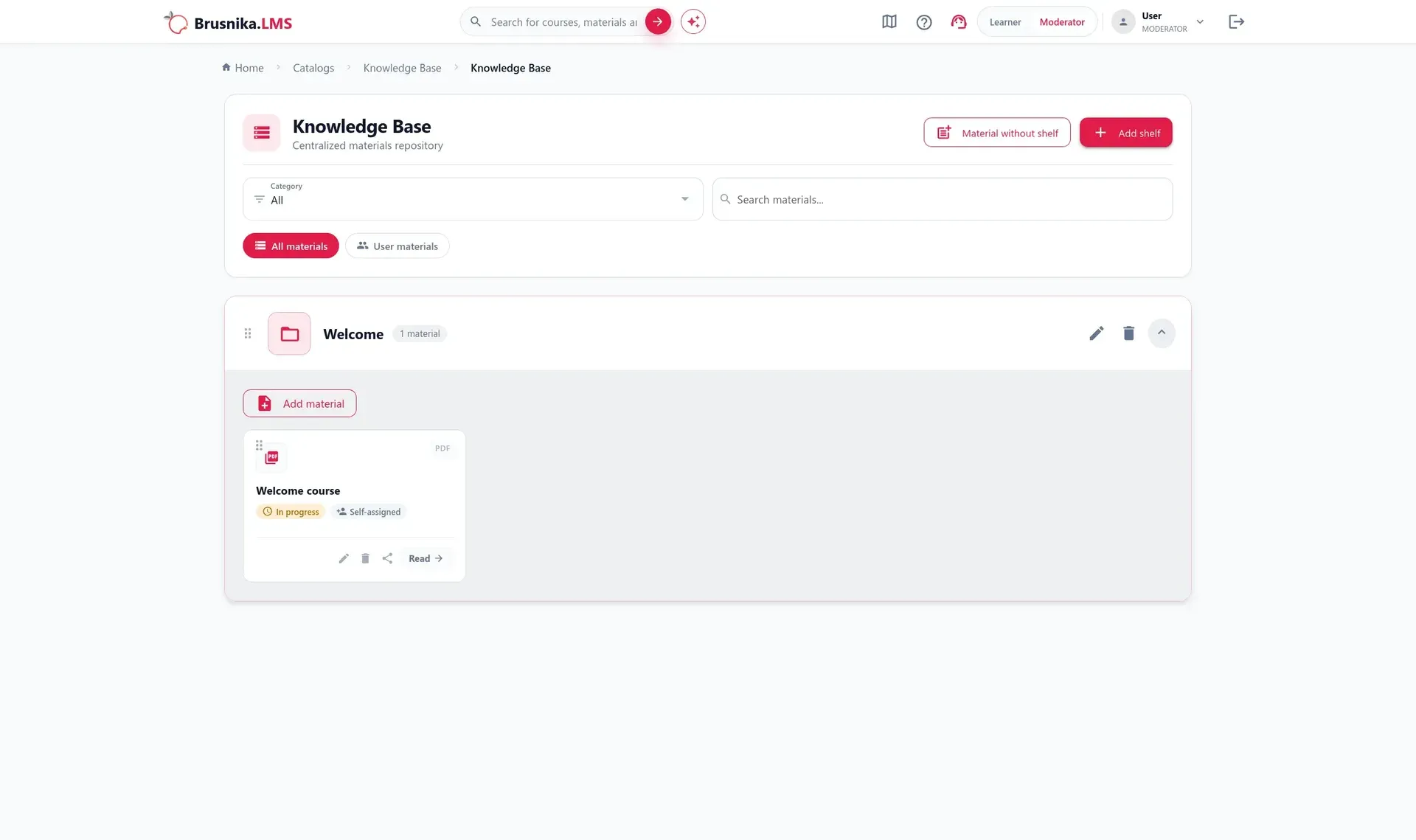 Interface da Brusnika LMS com base de conhecimento, artigos e instruções