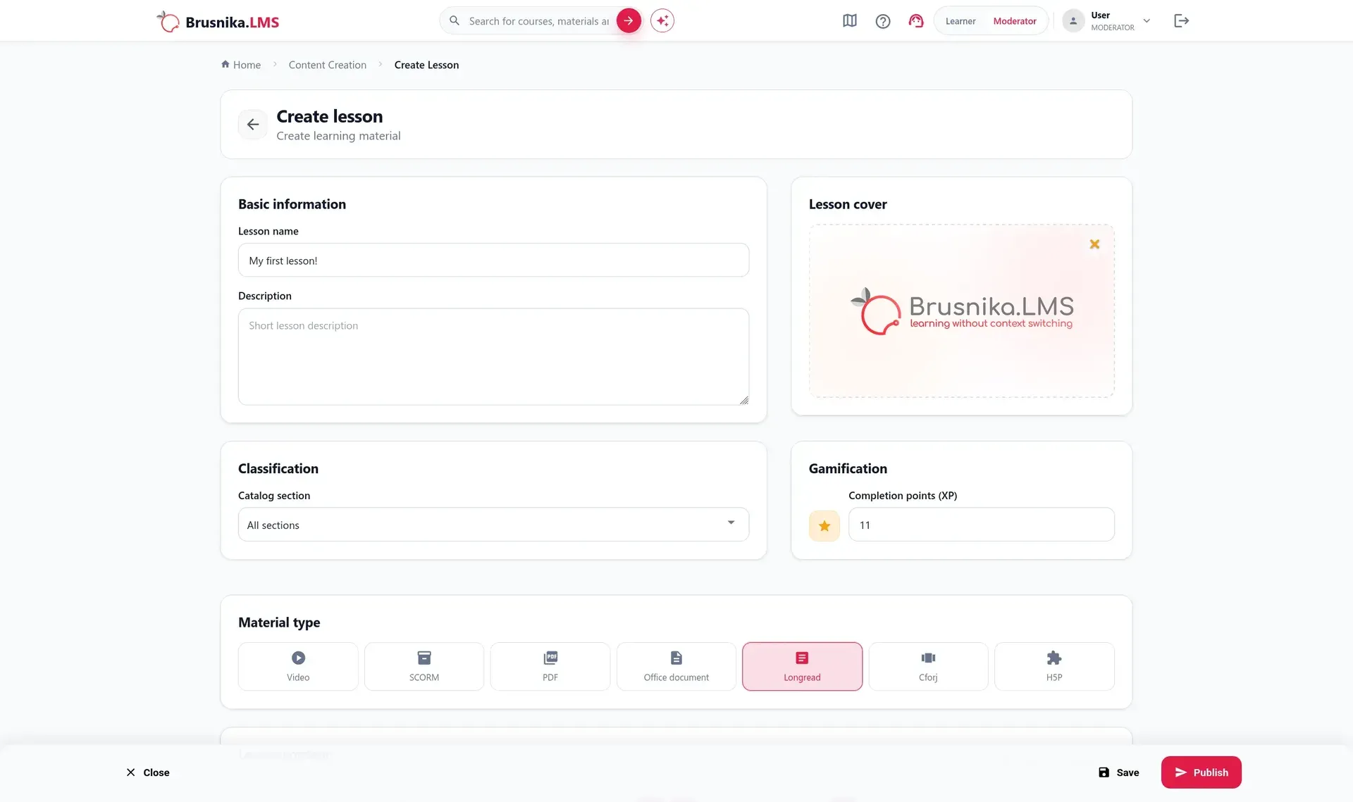 Interface da Brusnika LMS para criar e atribuir aprendizagem